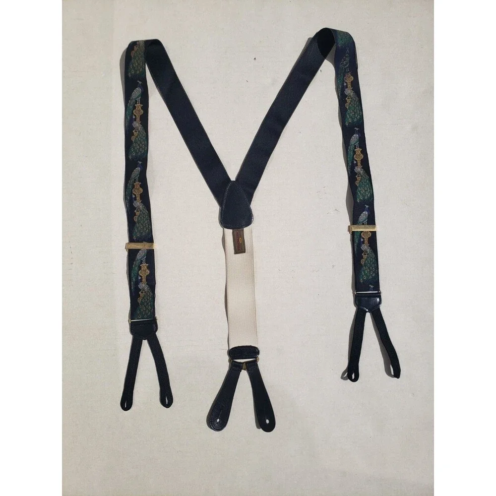 Trafalgar VG authentic black peacock urn feathers silk leather braces suspenders - Picture 9 of 16
